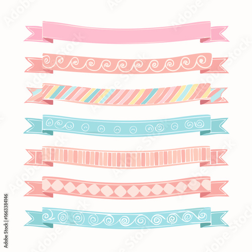 A charming collection of hand-drawn ribbon banners in soft pastel pink and blue, featuring whimsical doodle patterns for creative design projects