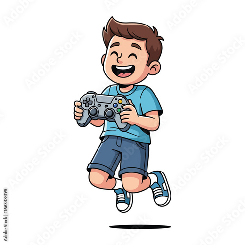 Joyful Gamer: A young boy, his face lit up with glee, jumps in excitement, clutching a game controller, embodying the pure thrill of gaming in a vibrant, digitally crafted illustration. 