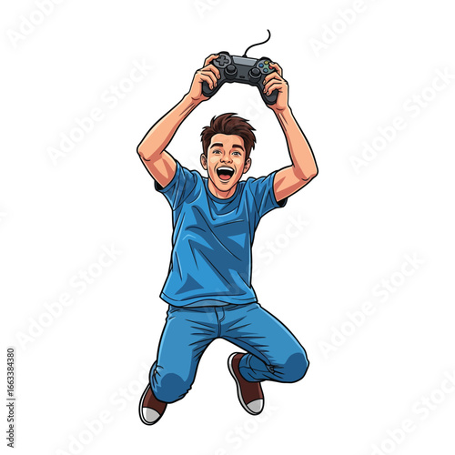 Digital Champion’s Victory Leap: A joyous male leaps in the air, holding a gamepad high to celebrate a gaming triumph in an engaging illustration. 
