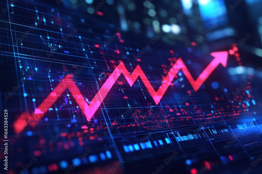 Obraz premium A vibrant digital display shows a glowing red arrow trending upwards over a blurred cityscape with data