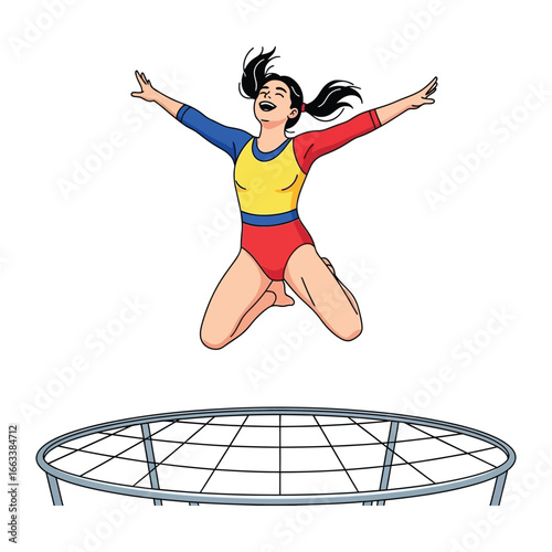 Trampoline Triumph: An illustration showcasing a gymnast in mid-air, displaying vibrant energy and joy, symbolizing athleticism and recreation. 
