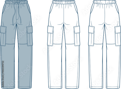 CAD drawing flat vector illustration of cargo pants, front and back views, elastic waistband, flap pockets, drawstring closure, fashion design template, technical clothing sketch, garment layout