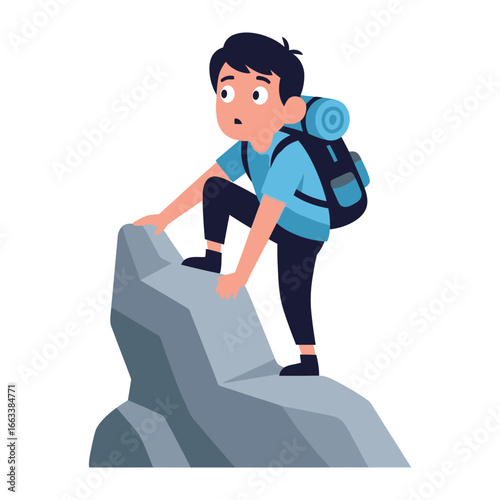 Climbing Adventurer: A determined young hiker, equipped with a backpack, conquers a rocky peak in a vibrant illustration.