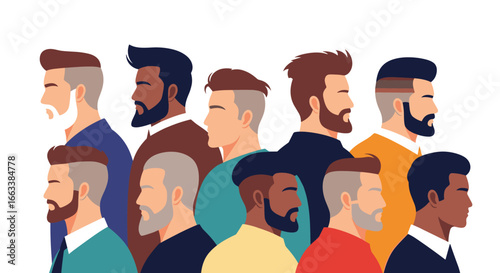 Diverse group of men with stylish haircuts and beards posing together in a studio setting