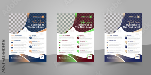 Corporate flyer template bundle with three color variations. Ideal for a wide range of business sectors, including consulting, finance, tech, and marketing agencies. Easy to customize and print-ready.