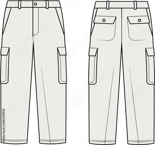 CAD drawing flat vector illustration of cargo pants, front and back views, flap pocket design, garment layout, technical sketch template, clothing mockup, stylish fashion design