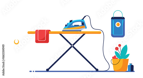 Modern home ironing board with electric iron and laundry bucket and potted plant decoration