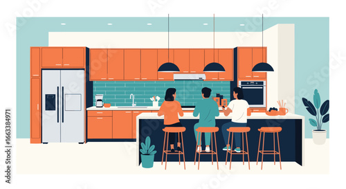 Modern apartment kitchen design with friends enjoying a meal together