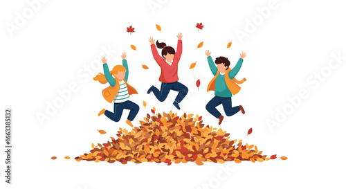 Children happily jumping into a large pile of autumn leaves celebrating the season's arrival