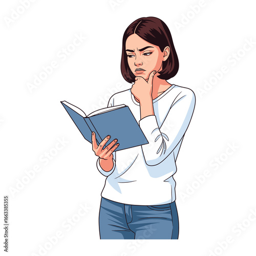 Pensive Reader: A young woman absorbed in a book, her brow furrowed in concentration, representing intellectual engagement and thoughtfulness.