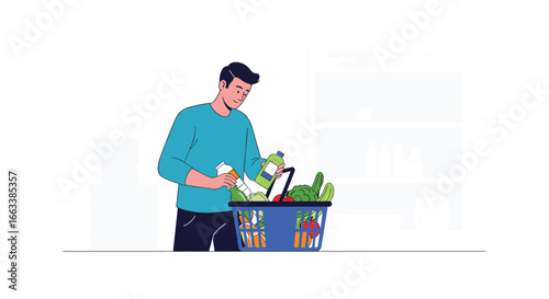 A man placing groceries into a shopping basket while browsing a digital device in an aisle
