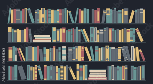 A comprehensive collection of knowledge represented by bound volumes arranged on shelving units