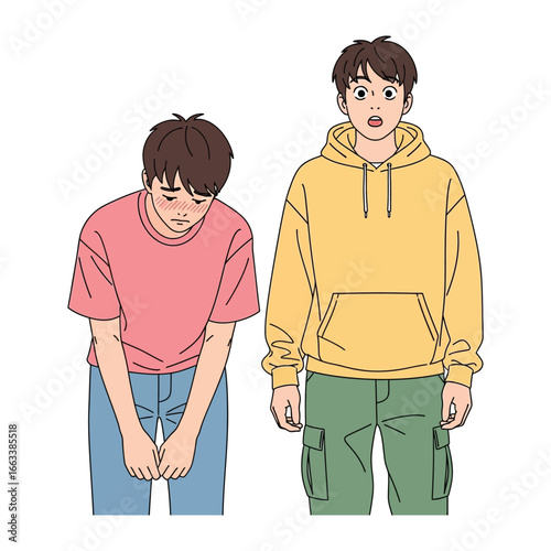 Embarrassment and surprise: Two individuals, a portrait of vulnerability and awe, captured in a minimalist style. Depicting emotion in visual harmony.
