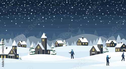 Winter village scene with figures and snowfall creating a charming and cozy atmosphere for holiday celebrations and festive gatherings