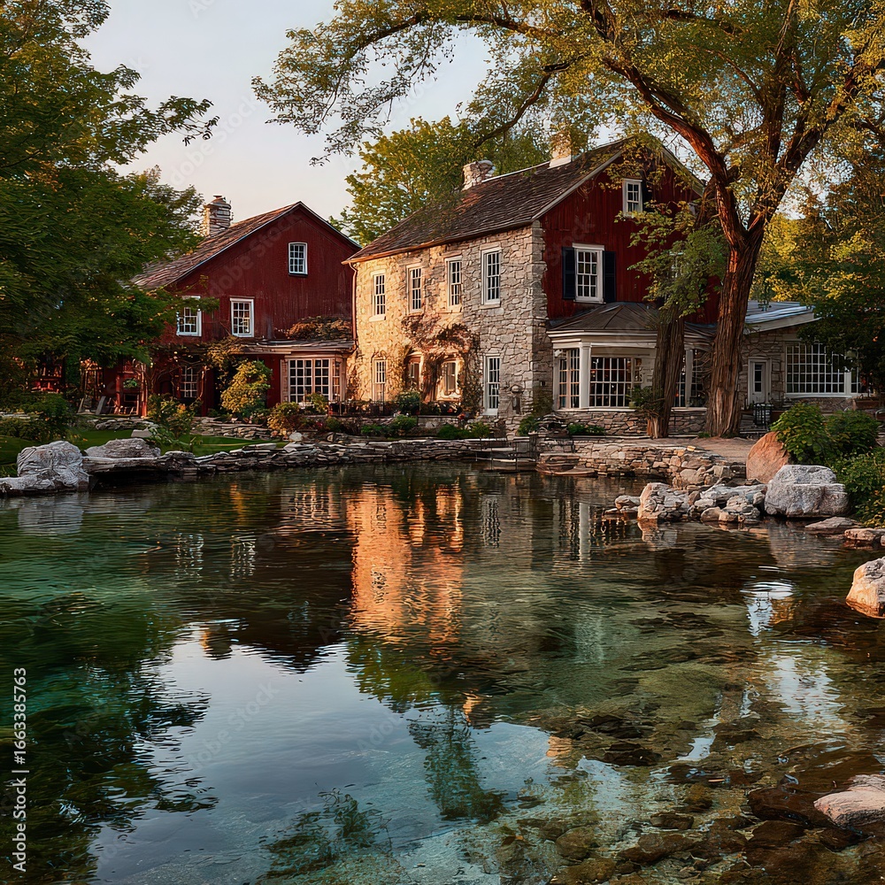 Obraz premium Rustic Red Barn Beside Pond At Sunset