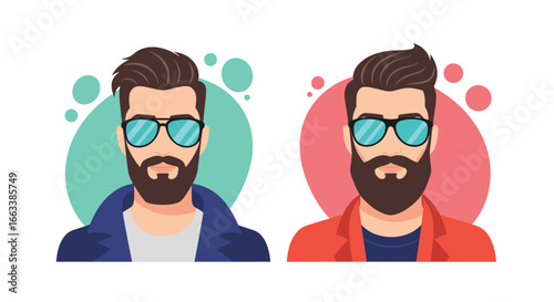 Stylish bearded men portraying modern gentleman fashion trends with cool eyewear and casual outfits representing distinctive personal styles