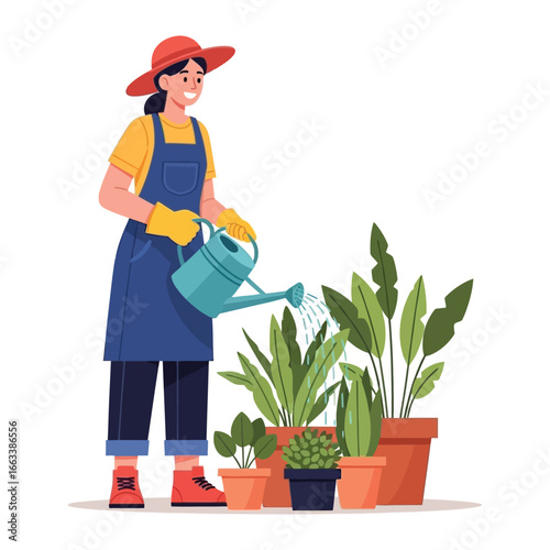 Nurturing Nature's Beauty: A woman tending to her vibrant potted plants, illustrating the joy and care of gardening.