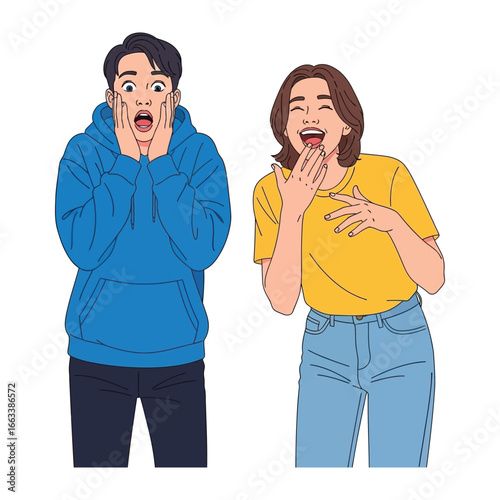 Surprise and Laughter: A male and a female experiencing mixed feelings, showcasing the spectrum of human reactions.