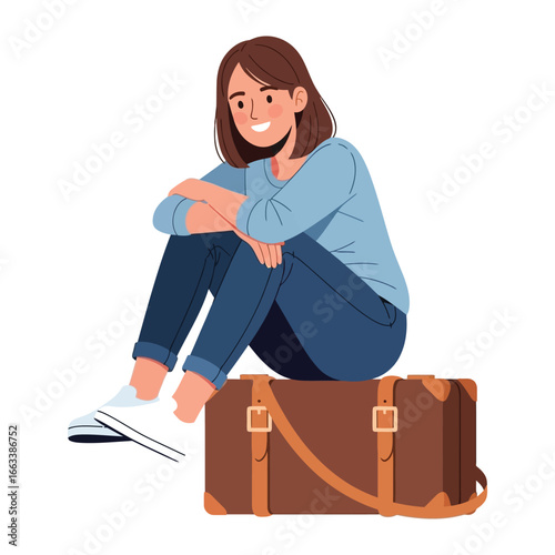 Ready to Depart: A young woman with brown hair sits atop a vintage suitcase, wearing blue jeans and sneakers, a serene expression upon her face hinting at a world of travel, anticipation.