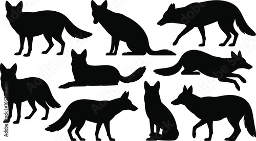 Fox silhouette vector set featuring eight dynamic poses including running, sitting, standing, and lying—ideal for wildlife and nature designs