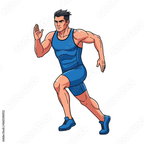 Dynamic Runner: A powerfully built athlete surges forward, captured in a vibrant illustration showcasing speed and determination.