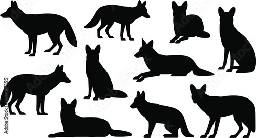 Fox silhouette vector set featuring various poses including sitting, standing, lying, crouching—perfect for wildlife, nature, and design themes