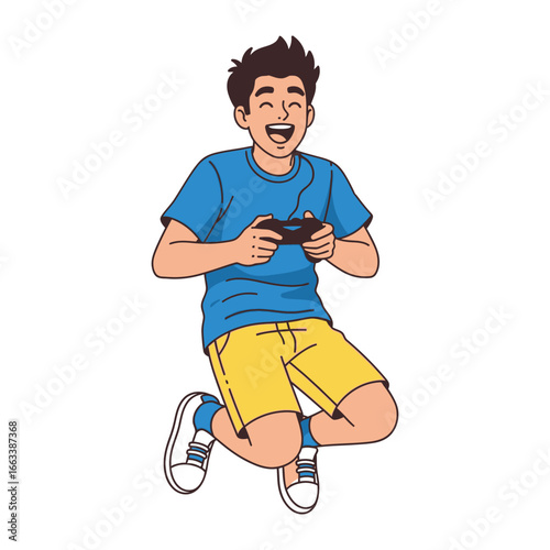Digital Gaming Joy: A young man in a vibrant animated pose, revels in the thrill of gaming with a controller in his hand, his excitement palpable as he enjoys his digital world.