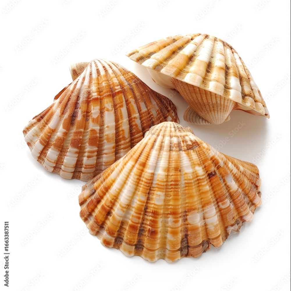 Obraz premium Three scallop shells, light brown, ribbed, on white background