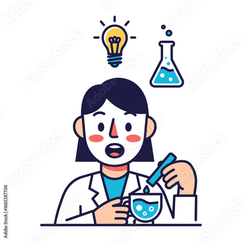 Enlightened Chemist: A female scientist, immersed in the realm of chemistry, pouring a solution into a beaker, and a lightbulb illuminating the concept of ingenuity.