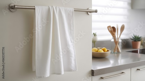 A clean white kitchen towel hangs neatly on a metal rack mounted on a wall, with a blurred background of a modern kitchen featuring a countertop, sink, and decorative items like lemons and plants