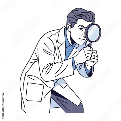 Scientist's Analytical Gaze: A focused scientist in a lab coat peers intently through a magnifying glass, embodying the spirit of scientific inquiry and meticulous examination. 