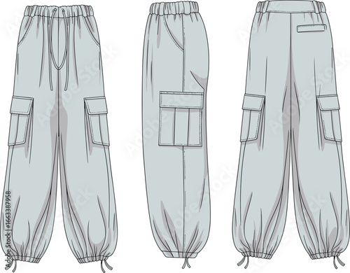 CAD drawing flat vector illustration of cargo pants, front side and back views, flap pockets, elastic waist, drawstring hem, technical sketch, fashion design template, garment layout