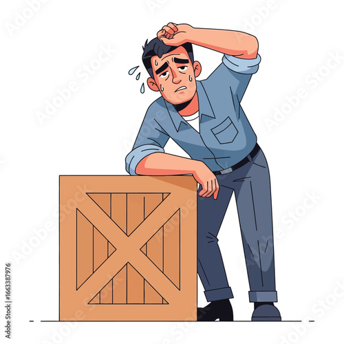 Tired Worker Beside Crate: A weary individual leans against a wooden crate, sweat beading on their brow, reflecting the strain of physical exertion or the weight of responsibilities.