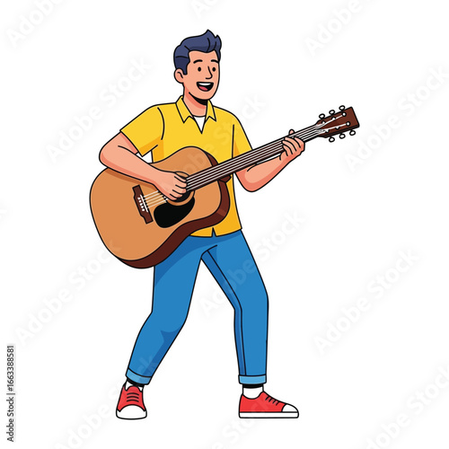 Melody Maker's Serenade: A cheerful individual strums an acoustic guitar, filling the air with harmonious melodies, embodying the simple joys of music.