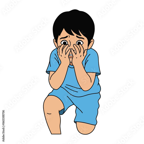 Anxious Child: A young child crouches down, hands covering face, expressing vulnerability and unease, reflecting on themes of insecurity and sensitivity.