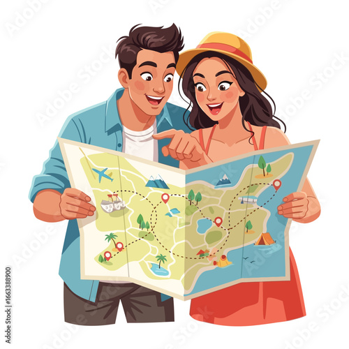 Curious Journey: A happy couple consults a detailed map together, tracing routes and dreaming of travel in a colorful and vibrant illustration. 