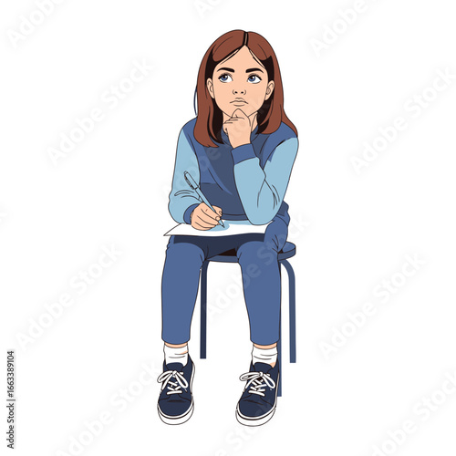 Introspective Contemplation: A young girl, lost in thought with pen and paper, embodies the focus of childhood learning and creative exploration.