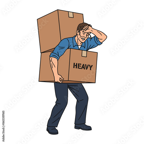 Struggling with the Burden: A determined individual strains under the weight of two massive cardboard boxes, symbolizing hardship, fatigue, and the physical toll of heavy labor.