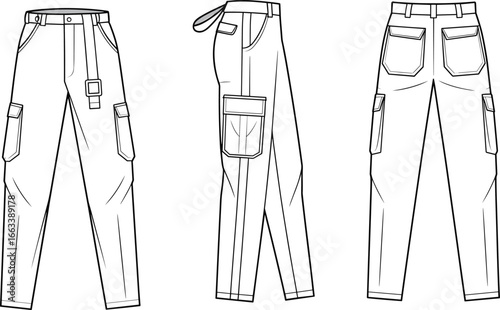 CAD drawing flat vector illustration of cargo pants, front, side, back views, pocket detail, belt loop design, fashion sketch, garment layout, menswear template, clothing construction