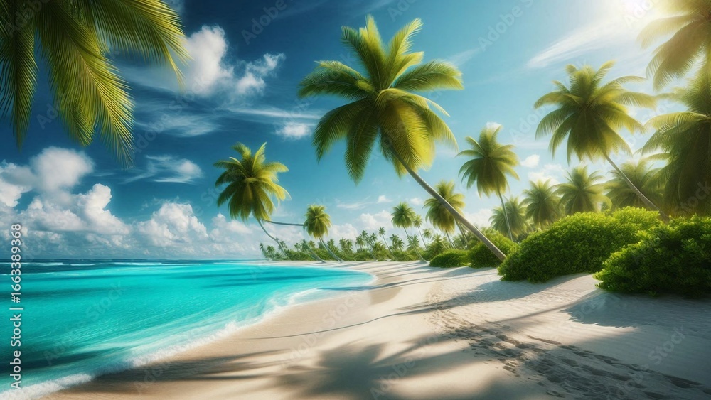 Fototapeta premium Tropical paradise beach scene with swaying palm trees under a vibrant sky.