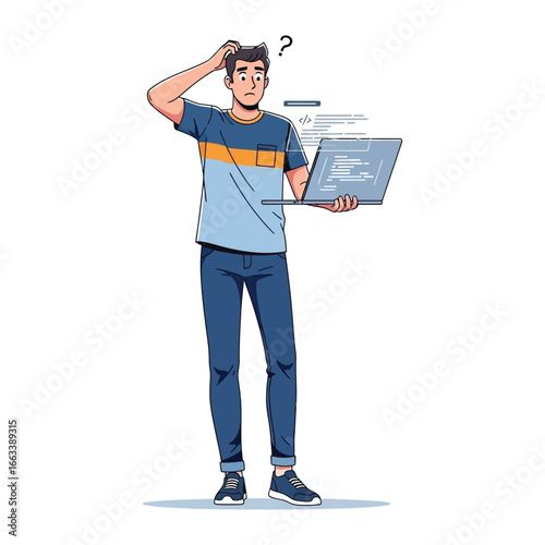 Puzzled Programmer: A software developer, lost in thought, grapples with lines of code on a laptop, illustrating the intellectual puzzle of modern tech and showcasing problem-solving prowess.