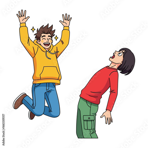 Comic Moments of Joy and Astonishment: Dynamic cartoon illustration depicts a young man's joyful leap beside another's stunned expression.