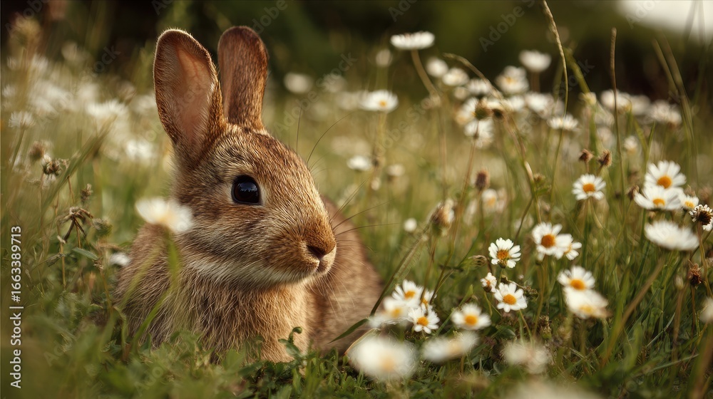 Fototapeta premium Rabbit resting among wildflowers in a sunlit meadow during springtime