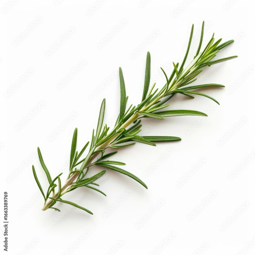 Fototapeta premium Fresh rosemary sprig, vibrant green leaves on a light background