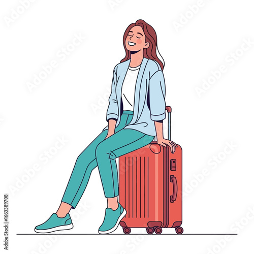 Traveler's Respite: A relaxed female rests on her travel suitcase, depicting a moment of peace and anticipation amidst her travel plans.
