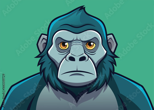 Close-up cartoon illustration of a gorilla head, with a serious, slightly menacing expression.