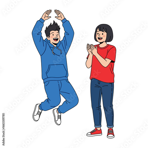 Joyful Jump:  A vibrant illustration captures the pure exhilaration of a person leaping with infectious happiness, their friend watches with clapping hands.