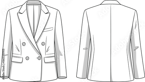 Casual Button-Up Shirt, Double Chest Pockets, Pleated Yoke, Pointed Collar, Stylish Fashion Garment Layout CAD Drawing Flat Vector Illustration