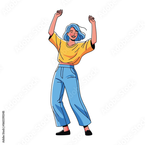 Joyful Dance: A lively illustration showcases a person joyfully dancing with arms raised, epitomizing freedom and happiness with vibrant, dynamic imagery.
