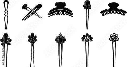 Elegant hair accessories collection: bobby pins, claw clips, and hair sticks